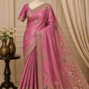 Anokhee – Dusty Pink Embroidered Silk Saree with Peacock Motif Pallu